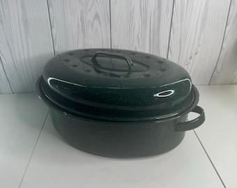 Olla/asador holandés esmaltado vintage con tapa, color verde moteado, 16x13x9