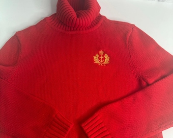 Vintage Lauren Ralph Lauren Roter Rollkragenpullover Crest Logo Damen Sm Cotton