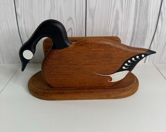 Vintage Folk Art Wooden Napkin Holder Canadian Goose Maine Signed Phil Markham