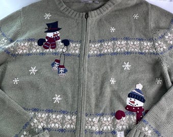 Croft Barrow Weihnachtspullover mit Schneemannmotiv, Strickpullover mit Reißverschluss, Wollmischung, Damengröße L