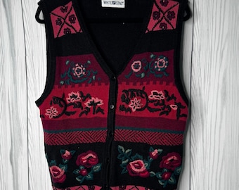 White Stag Vintage Knit Embroidered Black Red Floral Vest Grandma One Size