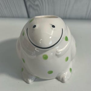 May include: A white ceramic frog-shaped planter with a smiling face and green polka dots. The planter has a round body, small feet, and a wide opening at the top. The design is whimsical and playful.