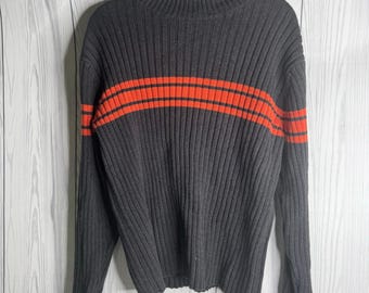 Vintage Y2k Dark Grey & Orange Striped Ribbed Turtleneck 2001 100% Cotton XL