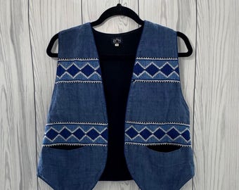 Gilet vintage da donna in tessuto SAN blu con tasche, taglia piccola