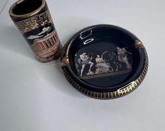 Griechischer Aschenbecher & Feuerzeughalter Keramik Handmade Griechenland Gold Verziert Vintage
