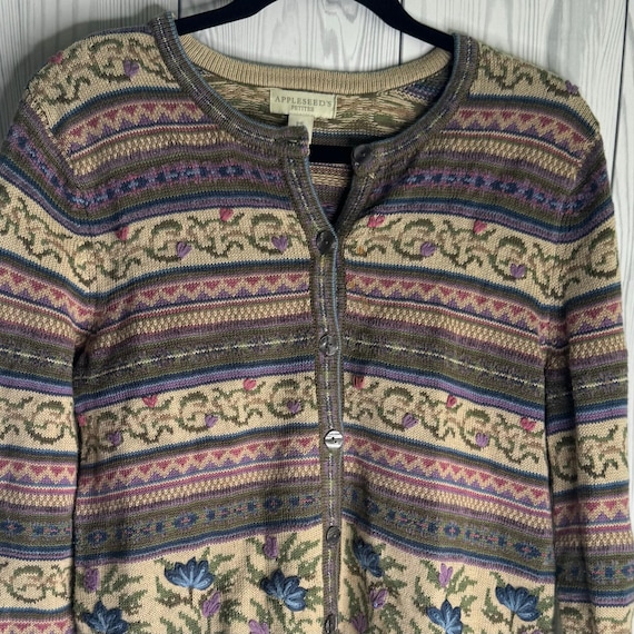 Vintage Appleseeds Fair Isle Floral Cardigan Sweater Purple Green Petite Small