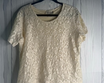 Vestido vintage estadounidense de encaje de nailon con estampado floral, top color marfil, forrado, estilo bohemio, talla extragrande.