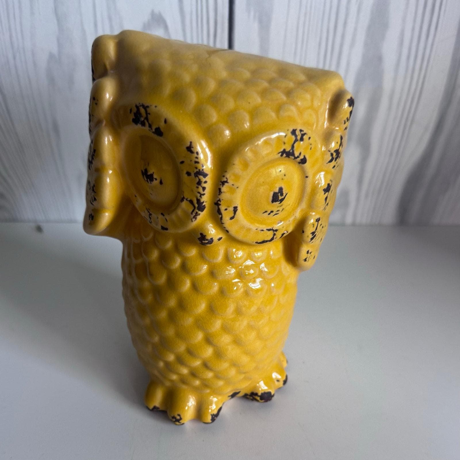 Ceramic Owl Hear No Evil Figurine 6 1/2” Yellow MCM Style Unbranded