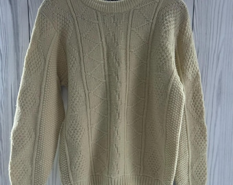 Vtg LAHMAR Sweater M Fisherman Cable Knit Cream Preppy Ivy League USA Made