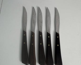 Vintage Russell Dinner Steak Knives Stainless Wooden MCM Rivets  Set of 5