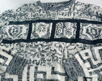 Vintage 80s 90s Mark Elliot Acrylic Nylon Sweater Genuine Leather Trim  Large