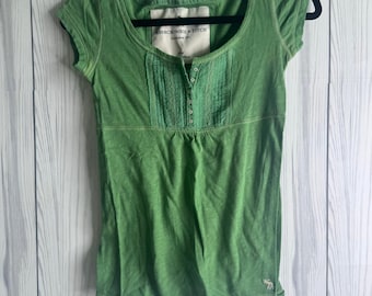 Vintage Abercrombie Top Sz S Babydoll Bella Swan vert manches courtes boutons de l'an 2000