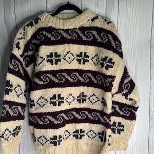 Suéter unisex de lana gruesa tejido a mano estilo vintage, talla grande, con estampado de Ecuador.