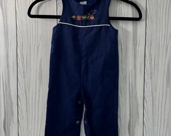 Vintage marineblauwe peuter geborduurde treinen babyoverall jongens maat 12 mnd VS