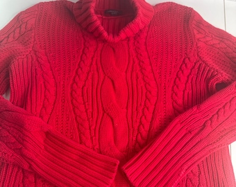 Lands End Chunky Cable Knit Turtleneck Sweater Red Women’s Large 100% Cotton