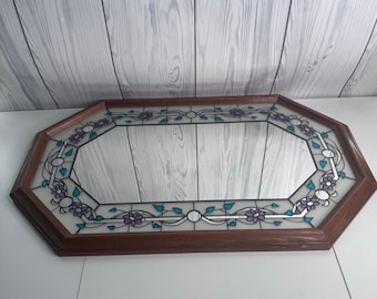 Vintage Octagonal Floral Etched Mirror Retro 1980s Stained Glass Wood Frame