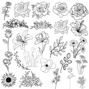 Può includere: Una collezione di illustrazioni floreali in bianco e nero, tra cui rose, gigli, margherite e girasoli. I disegni variano nello stile, da dettagliati a semplici contorni, adatti a vari progetti.