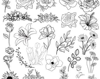 Rose Outline Svg Bundle, Rose Line Art Svg, Floral Outline Clipart, Rose Flower Png Dxf Eps, Cutting Files for Cricut Silhouette, Rose Png