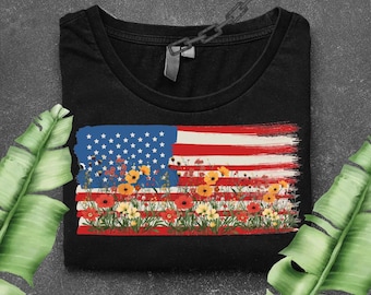 Bandeira Americana Floral PNG - Design Patriótico de Flores Silvestres dos EUA para Sublimação em Camisetas do 4 de Julho