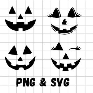 May include: Four distinct black jack-o'-lantern face designs arranged in a grid. Each face features triangular eyes, a triangular nose, and a jagged mouth. Two faces include eyelashes. The text PNG & SVG is printed at the bottom of the image.