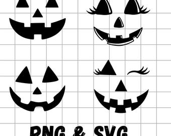 May include: Four distinct black jack-o'-lantern face designs arranged in a grid. Each face features triangular eyes, a triangular nose, and a jagged mouth. Two faces include eyelashes. The text PNG & SVG is printed at the bottom of the image.