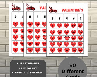 50 Valentine's Day Bingo Cards, Classroom Party Game (Digital Download)
