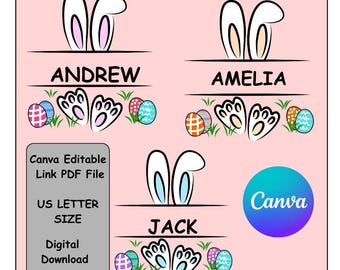 Kids Easter Bunny Name Design, Customizable Canva Template (Digital Download)