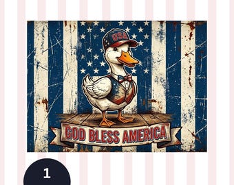 Imagem PNG de um menino com um pato-real para o 4 de julho, design engraçado e patriótico para camiseta com um pato americano, download digital para sublimação nas cores vermelho, branco e azul dos EUA.