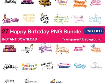 Happy Birthday PNG Clipart Bundle, Colorful Designs (Digital Download)