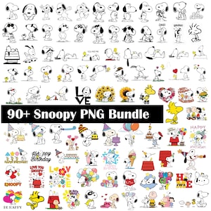 Puede incluir: Una colección de más de 90 imágenes PNG de Snoopy en varias poses y escenas. Las imágenes son principalmente en blanco y negro, con algunos acentos de color. El texto incluye "90+ Snoopy PNG Bundle", "Happy Birthday" y "Love You Snoopy".