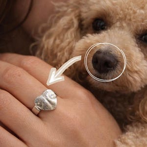 May include: A silver ring featuring a textured, heart-shaped centerpiece that mimics the detailed pattern of a dog's nose. The ring is worn on a finger, with a light-colored, curly-haired dog visible in the background near the ring.