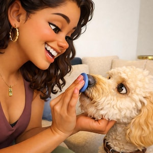 Puede incluir: Una mujer sonríe a un perro esponjoso de color marrón claro. El perro lleva un collar marrón con un cierre metálico. La mujer sostiene un objeto azul cerca de la nariz del perro. La escena tiene lugar en interiores.