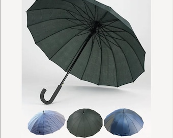 16 Rib Walking Stick Umbrella Windproof Break Resistant Wooden Handle Plaid Cane Design