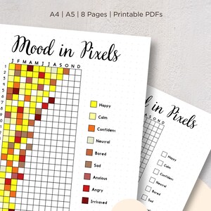 Könnte beinhalten: Druckbarer Stimmungstracker mit dem Titel "Mood in Pixels". Der Tracker enthält ein Raster zur Aufzeichnung der täglichen Stimmungen, mit farbcodierten Optionen für Emotionen wie glücklich, ruhig und wütend. Der Text lautet "Probieren Sie diesen einfachen Aktivitätstracker!"