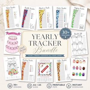 May include: A collection of printable yearly tracker sheets including a stress tracker, health tracker, mood in pixels, water tracker, shopping tracker, birthday cake tracker, bucket list, savings jar, reading tracker, save-o-poly game, and coffee tracker.