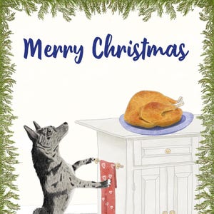 Könnte beinhalten: Weihnachtliche Illustration. Ein Hund steht auf seinen Hinterbeinen und greift nach einem roten Handtuch mit Herzmotiven. Ein gebratener Truthahn liegt auf einem blauen Teller auf einem weißen Schrank. Die Worte "Merry Christmas" sind blau geschrieben.