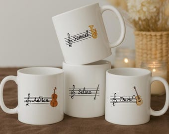 Personalized Music Notes Mug with Name & Instrument | Ceramic Mug with Custom Name | Gift Idea for Music Lovers | Gift for Music Teachers
