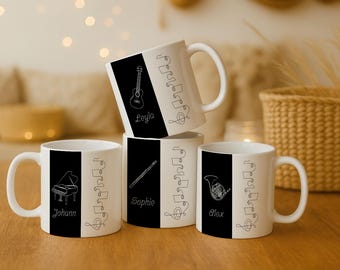 Personalized Music Notes Mug with Name & Instrument | Ceramic Mug with Custom Name | Gift Idea for Music Lovers | Gift for Music Teachers