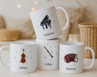 Personalized Music Note Mug with Name & Instrument | Ceramic Mug with Custom Name | Gift Idea for Music Lovers | Music Note Mug with Name