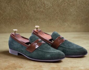 Men’s Green Suede Loafers | Handmade Suede and Leather Penny