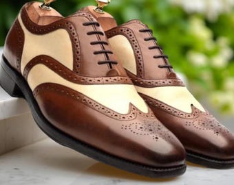 Handmade Two-Tone Leather Wingtip Oxford Shoes | Brogue Dress Shoe