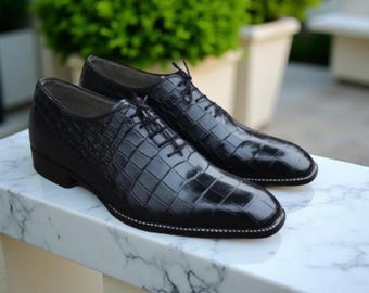 Handgefertigte schwarze Krokodil geprägte Leder Oxford Kleid Schuhe