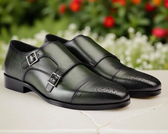 Men's Handmade Green Leather Double Monk Strap Dress Shoes
