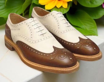 Zapatos Oxford brogue de cuero bicolor hechos a mano / Zapatos de vestir con punta de ala