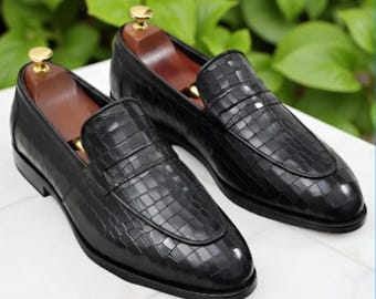 Handmade Black Woven Leather Loafers | Men's Slip-On Dress Shoes