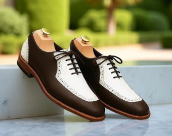Handmade Two-Tone Leather Oxford Shoes | Brown & White Wingtip