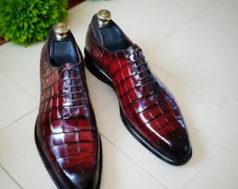 Handmade Burgundy Crocodile Embossed Leather Oxford Dress Shoes