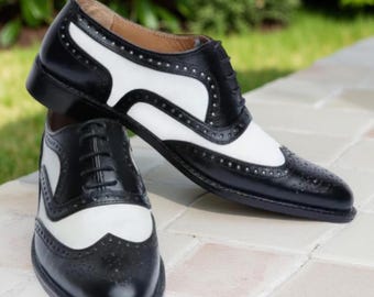 Handmade Two-Tone Leather Oxford Shoes | Black & White Wingtip Brogue