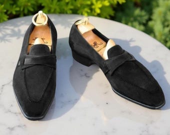 Męskie, ręcznie robione, czarne, zamszowe mokasyny | Formalne buty wsuwane
