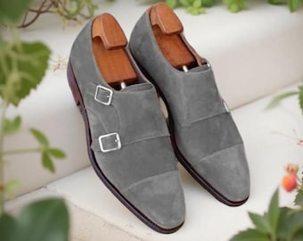 Grey Suede Double Monk Strap Shoes | Handmade Men’s Dress Shoe | Soft Formal Footwear